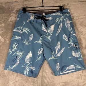 Volcom Swim Trunks Men's 33 Aqua Palm‎ Board Shorts Beach Coastal Surfer Classic